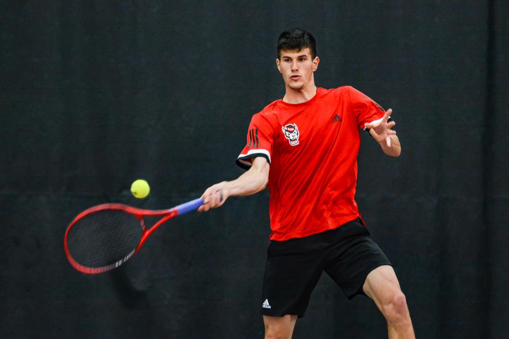 *Editor's note: the original photo has been replaced.
Senior Igor Saveljic returns a volley on Friday, April 12 at J.W. Isenhour Tennis Center. The Wolfpack beat Miami 4-1.