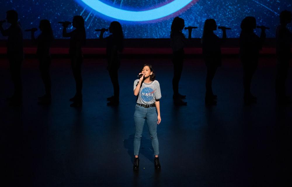 Senior mezzo-soprano Katie Hazel of Wolfgang A Cappella performs &#8220;Feel Something&#8221; on April 18, 2019 at Stewart Theatre.