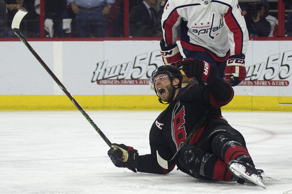 Center Jordan Staal celebrates his goal to give Carolina the upper-hand against the reigning Stanley Cup champions, the Washington Capitals, in PNC Arena, Monday, April 22. Staal had one goal and one assist across two points and 27 shifts. The Canes tied up the series with a 5-2 victory during game six.&#160;