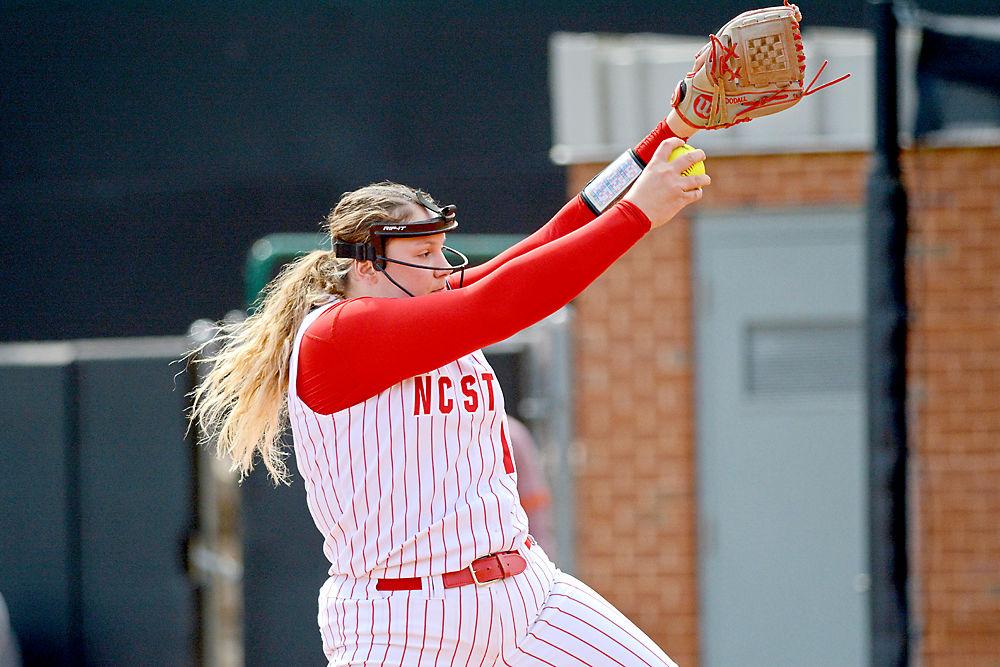 Sophomore pitcher Kama Woodall delivers the ball against Virginia Tech on Saturday, March 16, 2019 at Dail Softball Stadium. Woodall pitched four innings, striking out three while giving up four earned runs and one walk on six hits. The Wolfpack lost to the Hokies 12-1.