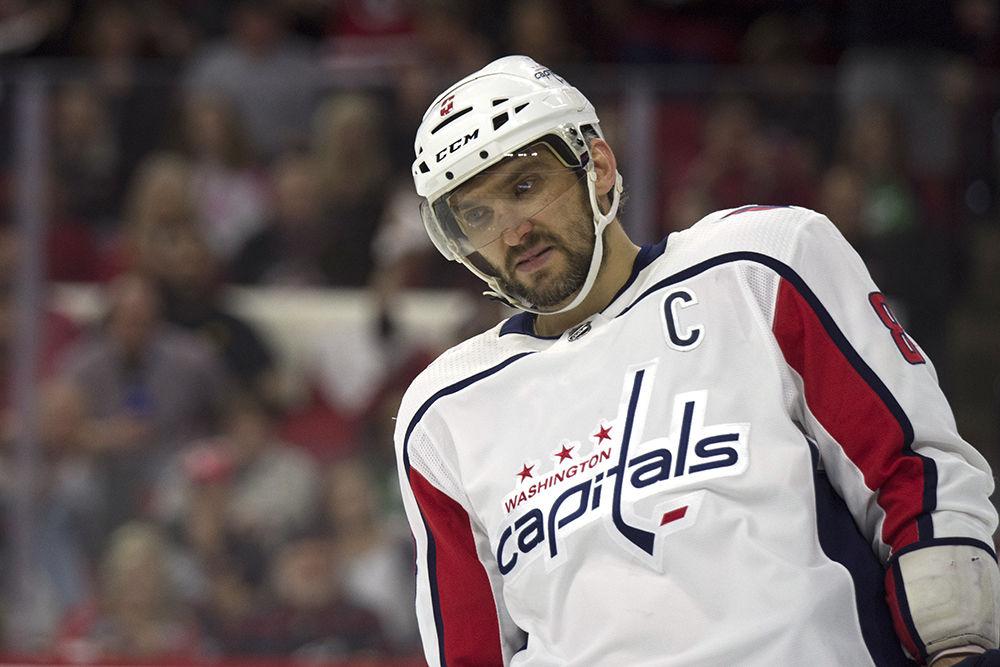 Washington Capitals captain Alexander Ovechkin resets after an icing during the fourth game of the series against the Carolina Hurricanes in PNC Arena, Thursday, April 18. After winning game three 5-0, the Canes won 2-1 to tie up the first round of the 2019 Stanley Cup Playoffs.