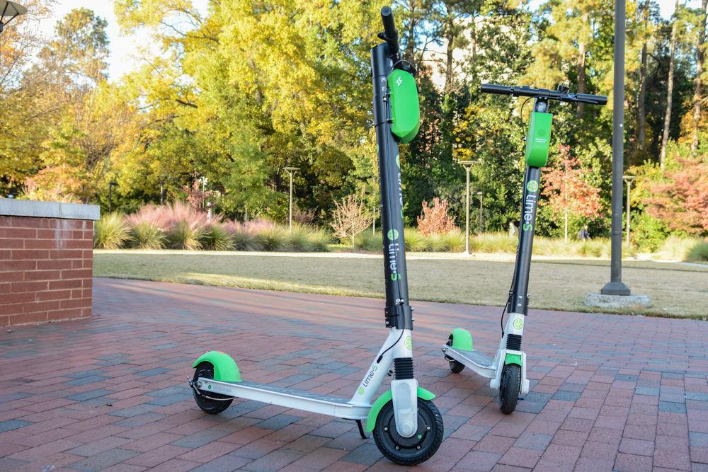 Lime-S scooters sit outside Talley Student Union on Nov. 20, 2018.