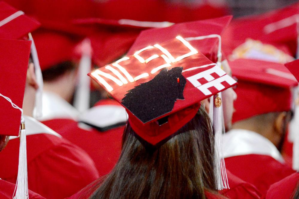 Erica Duncan, who graduated with a bachelor&#8217;s in electrical engineering, attached a circuit and LED lights to her graduation cap for Fall 2018 Commencement. "I came to NC State and graduated in 2010 with a degree in math education, and I taught for five years,&#8221; Duncan said. &#8220;I came back and it took me three years to graduate with an electrical engineering degree.&#8221; The ceremony, which saw the graduation of 3,449 students, took place in PNC Arena on Dec. 19, 2018.
