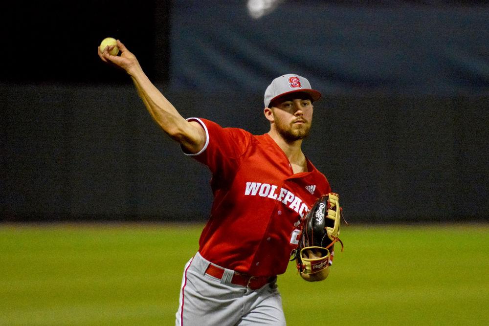 Sophomore outfielder Jonny Butler throws to the infield against the UNCW Seahawks on Tuesday, April 16, 2019 at Brooks Field in Wilmington, NC. Butler had three runs for the Wolfpack. The Pack beat the Seahawks 14-7.