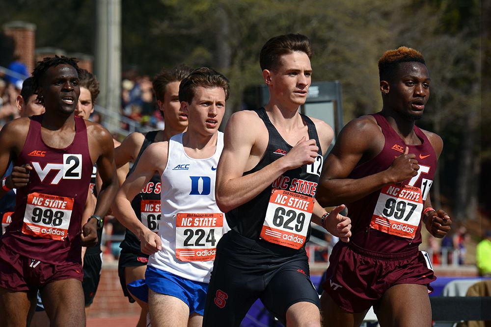 Redshirt sophomore Tim Bason leads the 1500-meter run during Raleigh Relays on March 29, at Paul Derr Track &amp; Field Facility. Bason placed 5th in his section and 47th overall, with a time of 3:53.88.