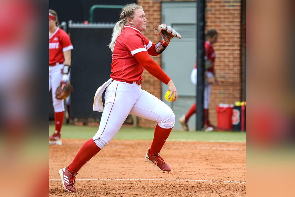 Freshman pitcher Sydney Nester pitches the ball during the game against Syracuse on April, 7 2019 at Dail Softball Stadium. The Wolfpack lost 5-3.