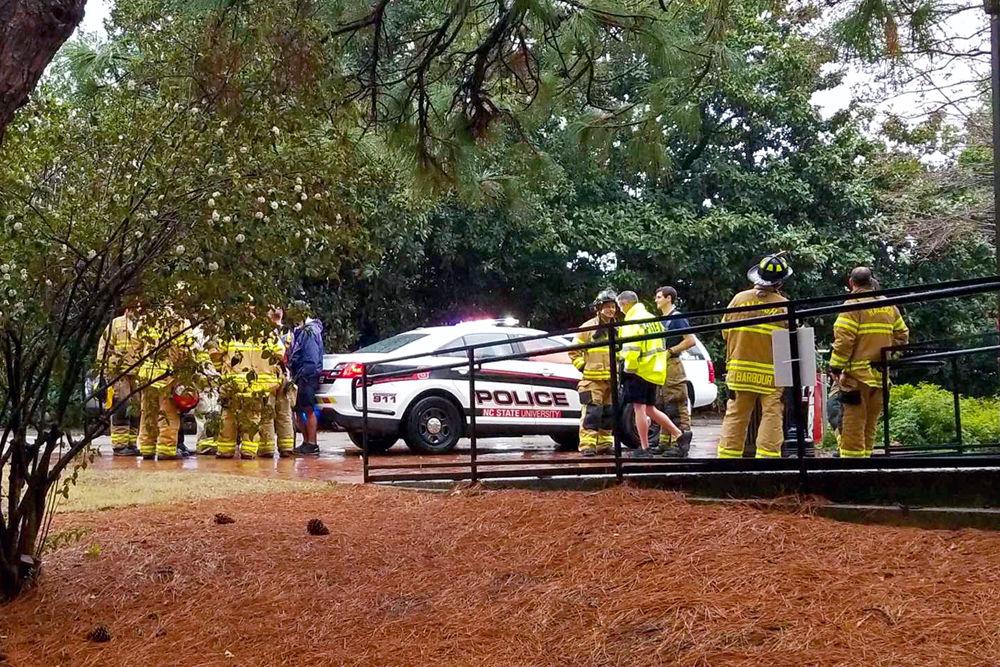 Campus police and firefighters respond to a chemical spill in a lab in Biltmore Hall on Monday, April 8, 2019. No injuries were reported.
