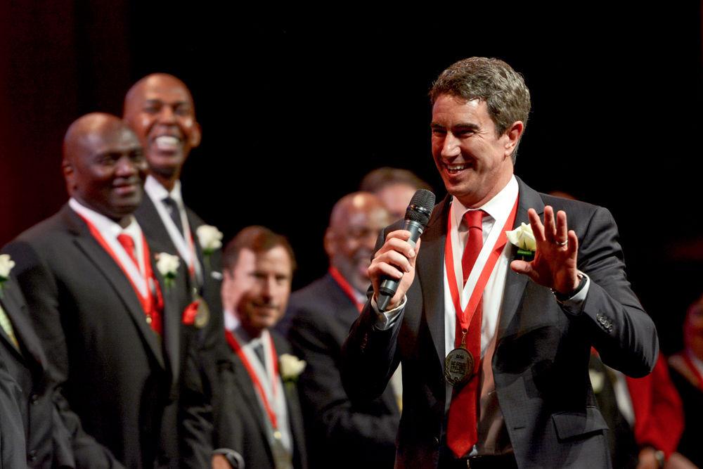 Former Wolfpack men&#8217;s basketball guard Terry Gannon speaks on behalf of the NC State Athletic Hall of Fame Class of 2018 at the induction ceremony on Saturday, April 13, at Reynolds Coliseum. Gannon, along with his teammates on the 1983 national championship team, was honored with entry into the hall of fame. Other inductees included individuals from the men&#8217;s and women&#8217;s basketball, men&#8217;s golf, and swimming and diving programs.