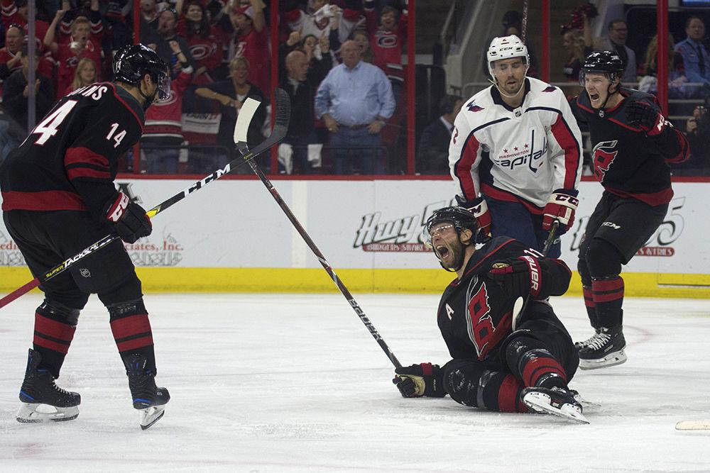 Center Jordan Staal celebrates his goal to give Carolina the upper-hand against the reigning Stanley Cup champions, the Washington Capitals, in PNC Arena, Monday, April 22. Staal had one goal and one assist across two points and 27 shifts. The Canes tied up the series with a 5-2 victory during game six.&#160;