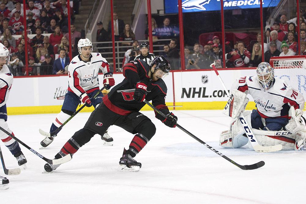 Left winger Warren Foegele maneuvers the puck in Washington Capitals territory, Monday, April 15 in PNC Arena. Foegele had two goals and one assist, helping the Canes shut out defending Stanley Cup Champions, 5-0.&#160;