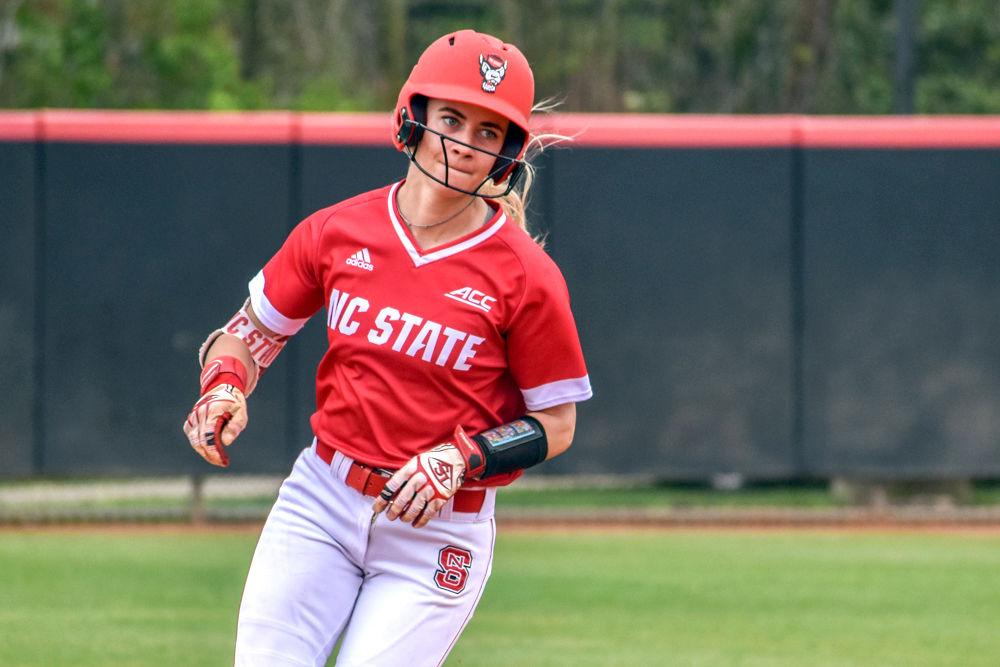 Sophomore outfielder Sam Russ sprints to third base on Sunday, April 7, 2019 at Dail Softball Stadium. Russ had one run scored as NC State lost to Syracuse 5-3.