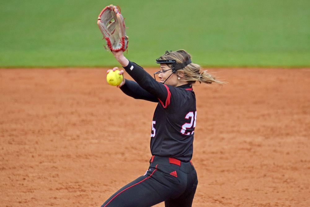 Junior pitcher Devin Wallace pitches the ball to Kansas on Friday March 1, 2019 in Dail Softball Stadium. The Pack beat the Jayhawks 4-1.