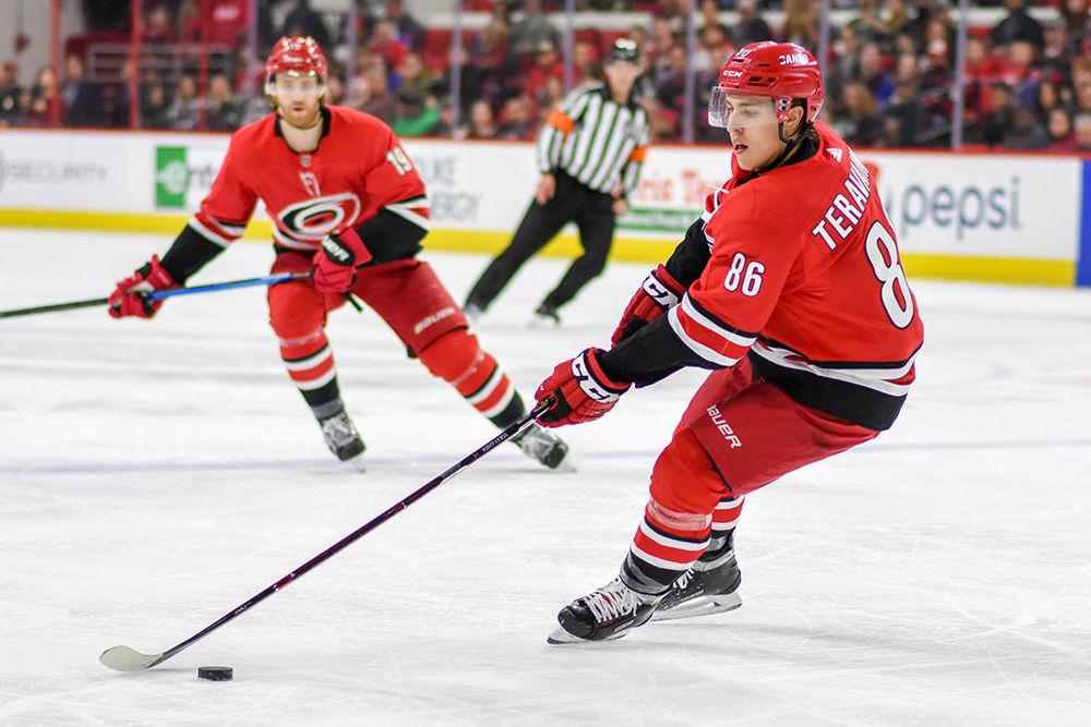 Carolina Hurricanes right wing Teuvo Teravainen controls the puck during the game versus the Minnesota Wild on Saturday, March 23, 2019 in PNC Arena. Teravainen scored one goal and had two assists against the Wild. The Hurricanes beat the Wild 5-1.