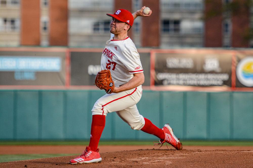 Junior pitcher Jason Parker pitches against Virginia on Friday, March 29, 2019 at Doak Field. The Wolfpack lost 4-3, with Parker pitching four and one-third innings and giving up four earned runs.