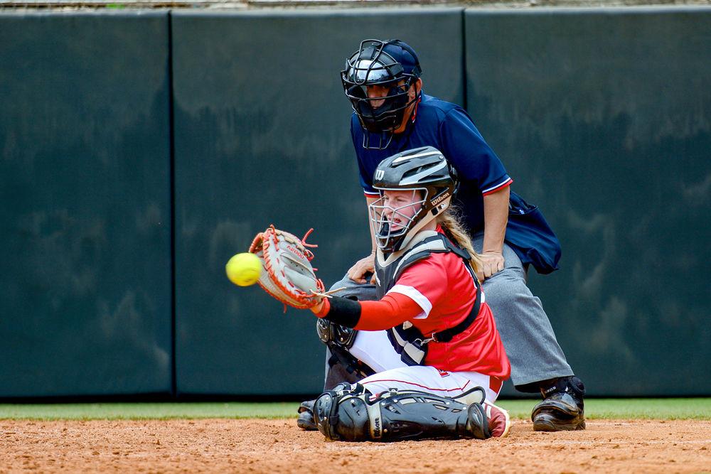 Freshman catcher Kelli Wagner catches a pitch during the game against Syracuse on April, 7 2019 at Dail Softball Stadium. The Wolfpack lost 5-3.