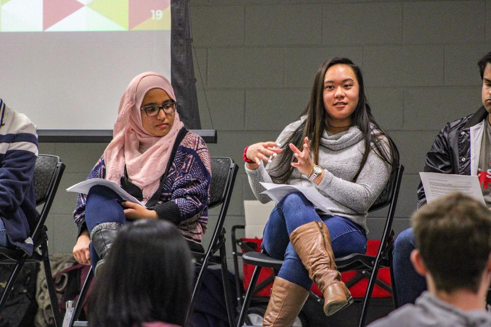 Panelist Pauline Bulala, a sophomore studying nutrition science, speaks to the students in attendance at the Mental Health in APIDA Community event in Witherspoon Student Center on Monday, April 1. She is joined by fellow panelist Liyan Khan, a junior studying Spanish education. The panel discussed topics including the stigmatization of mental health, the model minority myth and navigating mental health with parents.