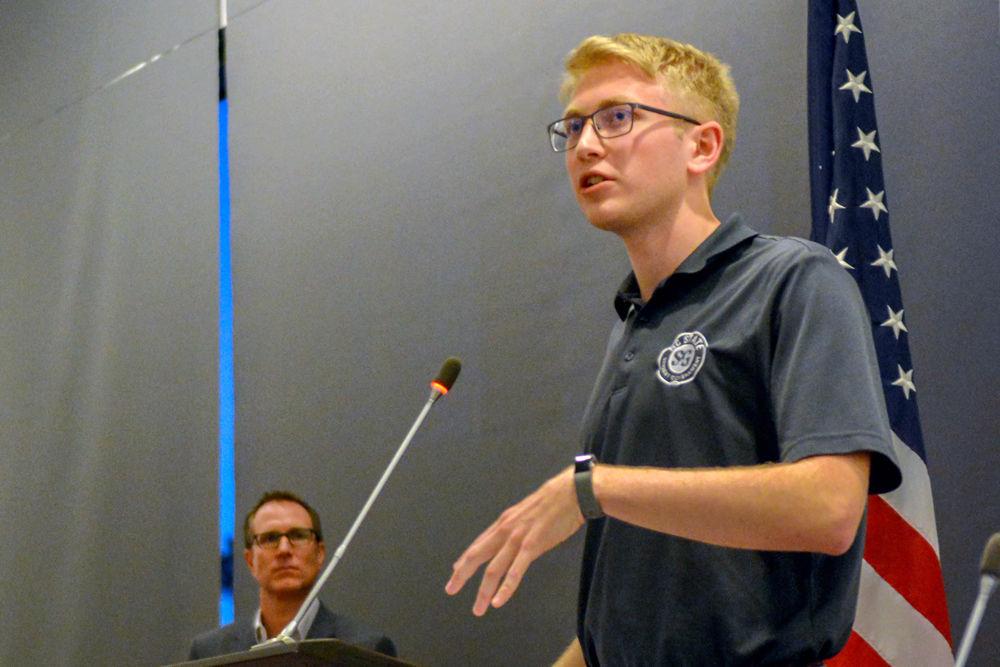 Student Senate President Pro Tempore Adam Schmidt speaks during the Senate meeting on March 14, 2018 at Talley Student Union. The meeting addressed topics such as the Carmichael Gymnasium renovations, 2-Factor Authentication, and a discussion on student safety led by NCSU Police Major Ian Kendrick.