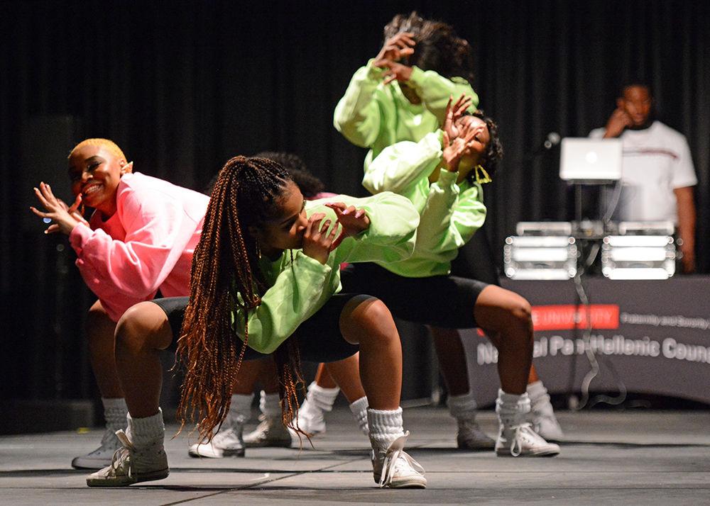 Members of the Alpha Kappa Alpha sorority perform at the Pan-Afrikan Stroll-Off, hosted by the National Pan-Hellenic Council, on Saturday, April 13 at Talley Student Union.
