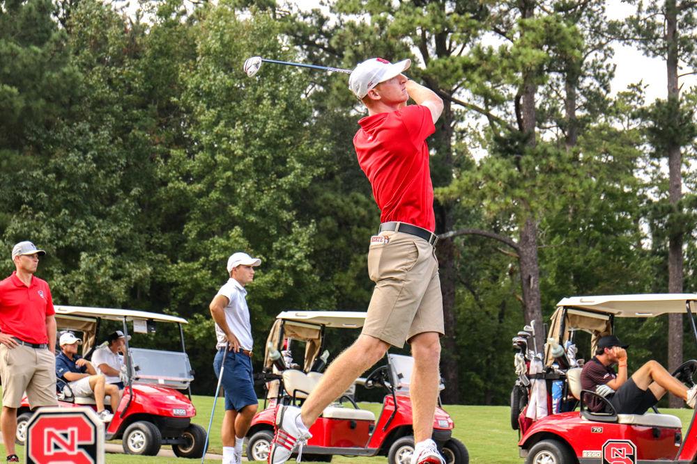 Senior Stephen Franken drives the ball on Saturday, Oct. 6, 2018 at Lonnie Poole Golf Course. Franken finished strong with a score of -3 in the 2nd round of the Wolfpack Intercollegiate.