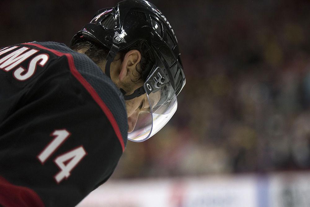 Justin Williams, Carolina Hurricanes captain and right winger, takes a quiet moment to himself after losing to the Boston Bruins in a shut out in game four of the Eastern Conference Finals, Thursday, May 16 in PNC Arena. By all accounts, the Canes had an exceptional and unexpected season -- making the playoffs for the first time in nine years, sweeping a round for the first time in franchise history and dethroning the reigning Stanley Cup champions during the first round.&#160;