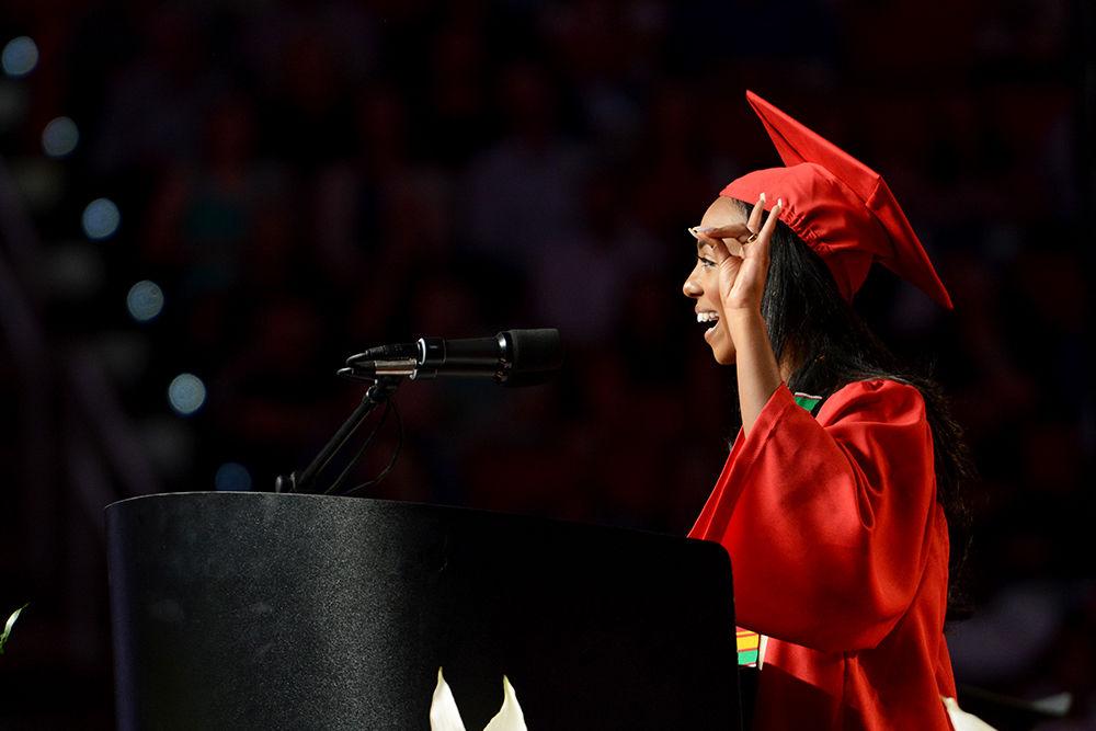 Student speaker, Ru Wolle, speaks during the Commencement Ceremony at PNC Arena on May 11, 2019. Wolle was spotlighted during the ceremony because of her distinctive academic career.