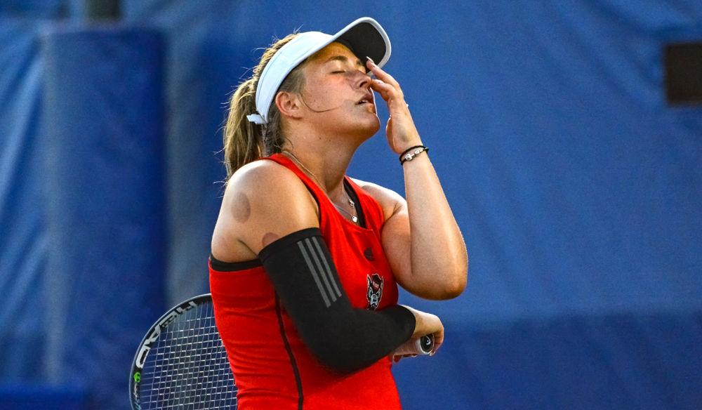 Sophomore Liz Norman expresses disappointment after losing a point to Duke senior Kaitlyn McCarthy on Friday, May 10, 2019 at Ambler Tennis Stadium in Durham. Norman lost her singles match to McCarthy 6-3, 6-3 during the Wolfpack&#8217;s 4-0 loss to the Blue Devils.&#160;The Pack was eliminated from the NCAA Tournament in the Sweet Sixteen.