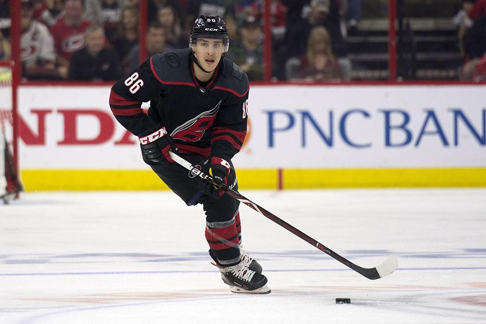 Left wing Teuvo Teravainen maintains control of the puck while in the neutral zone, Friday, May 3. Teravainen scored one goal and had one assist across 21 shifts. The Canes took down the New York Islanders, 5-2, in the second round.