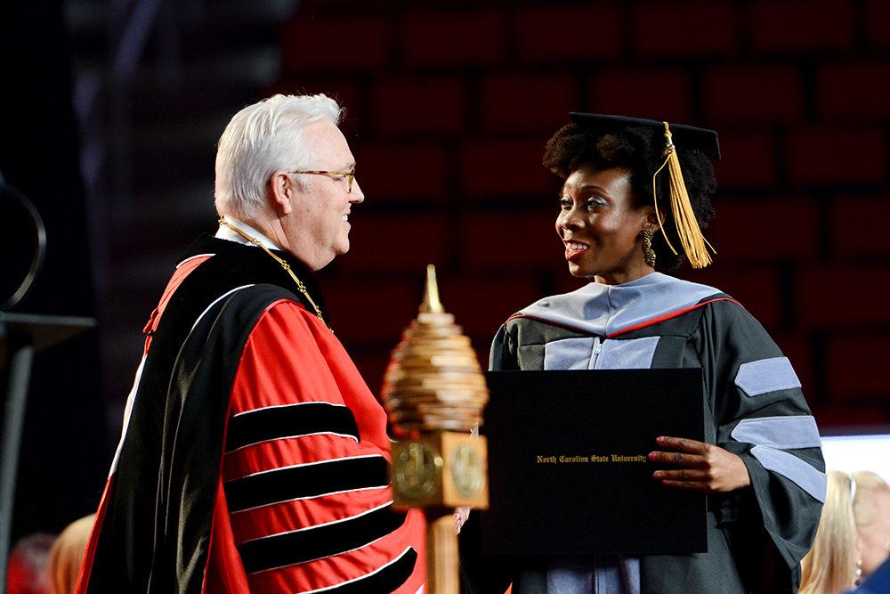An NC State student is awarded her doctorate degree during the Commencement Ceremony for the Class of 2019 on Saturday, May 11, 2019, in PNC Arena
