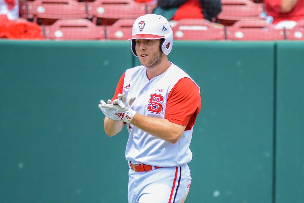 Junior catcher Brad Debo celebrates after reaching home plate against Clemson on Sunday, May 12, 2019 at Doak Field. Debo went 1-4 with one run scored. The Wolfpack won against the Tigers 8-3.