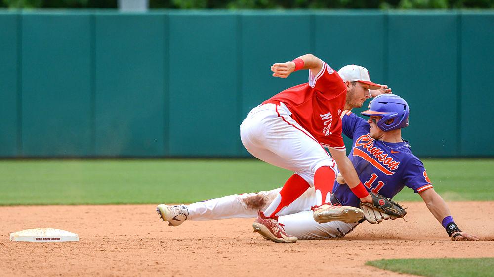 *Editor's note: the original photo has been replaced.
&#160;
Sophomore infielder David Vazquez misses the throw to second base on a stolen base attempt by Clemson outfielder Michael Green on Saturday, May 11, 2019 at Doak Field. Vazquez went 1-3 in the Wolfpack&#8217;s 4-3 loss to the Tigers in ten innings.