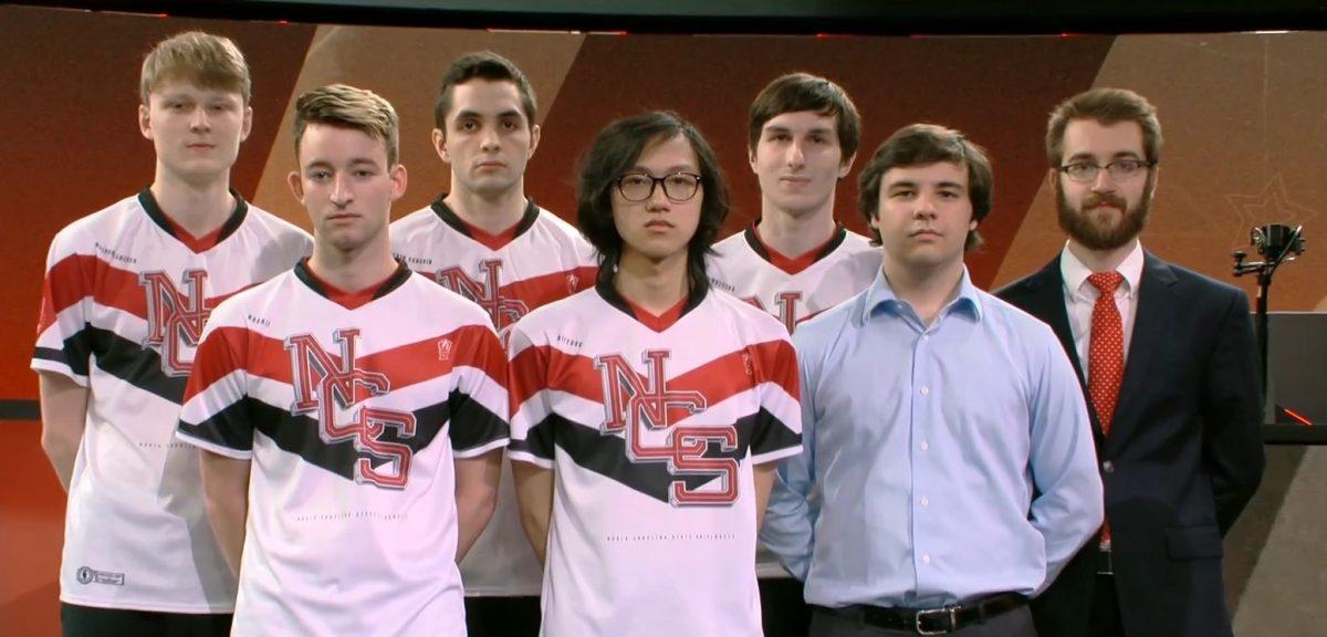 The League of Legends team at NC State stands on stage in Los Angeles, California at the LCS Battle Arena at the 2019 College Championship. From left to right: Harrison Ramsey, Kenton Crane, Stephen Downhower, Johnny Huang, Tyler Deaton, Michael Adamik, Ethan Zisek.&#160;