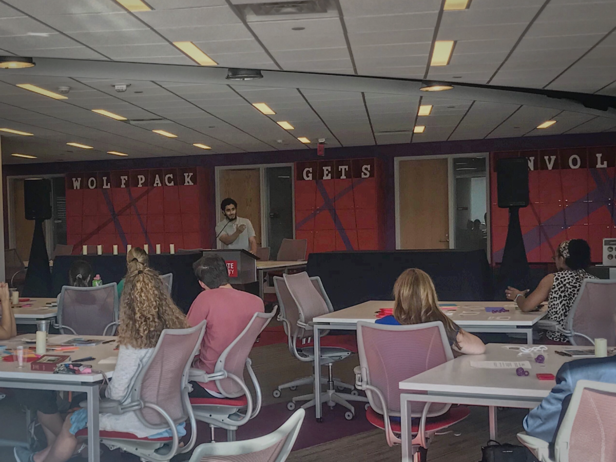 Mohsen Zakaib, president of the Muslim Student Association and a third-year studying nuclear engineering, speaks at 'Pause with the Pack' on Thursday, May 2 at The James H. Woodward Student Involvement Center. At this event, students discussed recent acts of violence against faith communities and honored those impacted.&#160;
