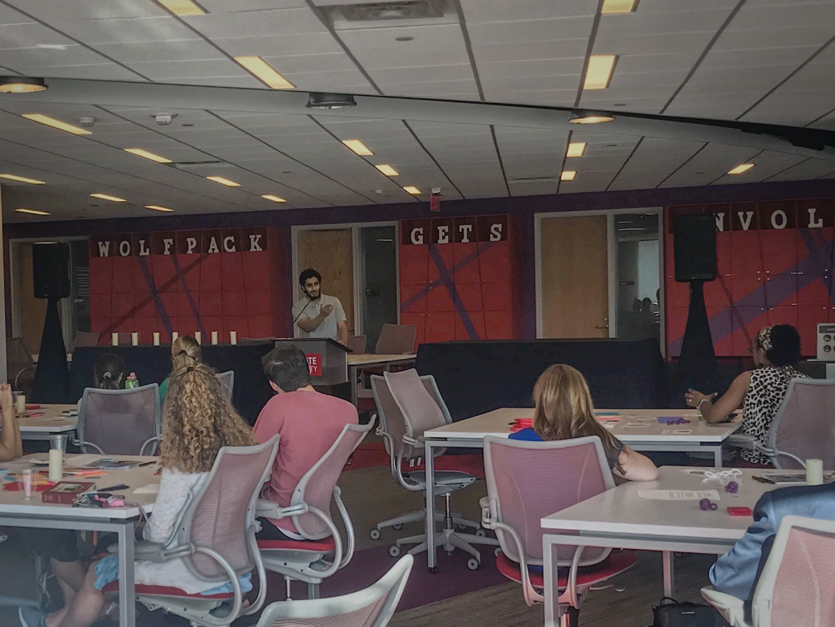 Mohsen Zakaib, president of the Muslim Student Association and a third-year studying nuclear engineering, speaks at 'Pause with the Pack' on Thursday, May 2 at The James H. Woodward Student Involvement Center. At this event, students discussed recent acts of violence against faith communities and honored those impacted.&#160;