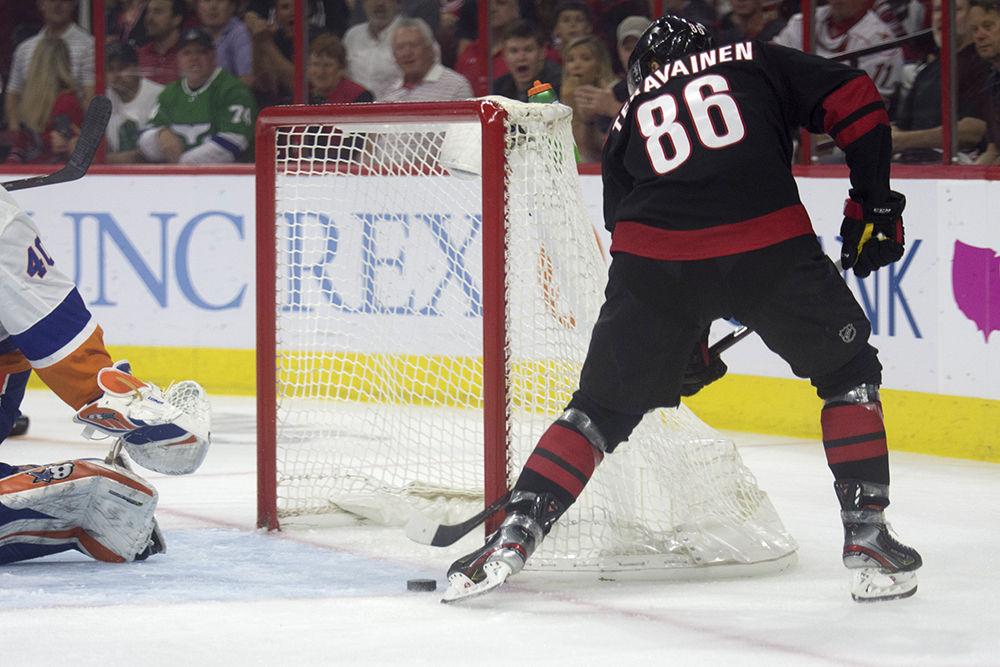Left winger Teuvo Teravainen scores the first goal of the game against the New York Islanders, Wednesday, May 1. The Canes beat the New York Islanders with home ice advantage, 5-2, and lead the series with a 3-0 advantage.