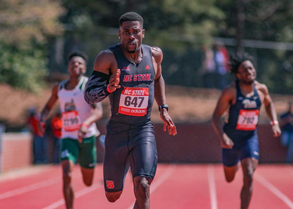 Senior Shannon Patterson sprints during the final leg of the 400 meter dash during the Raleigh Relays on Friday March 29, 2019 at the Paul Derr Track &amp; Field Facility. Patterson placed fifth in the event with a time of 47.40.