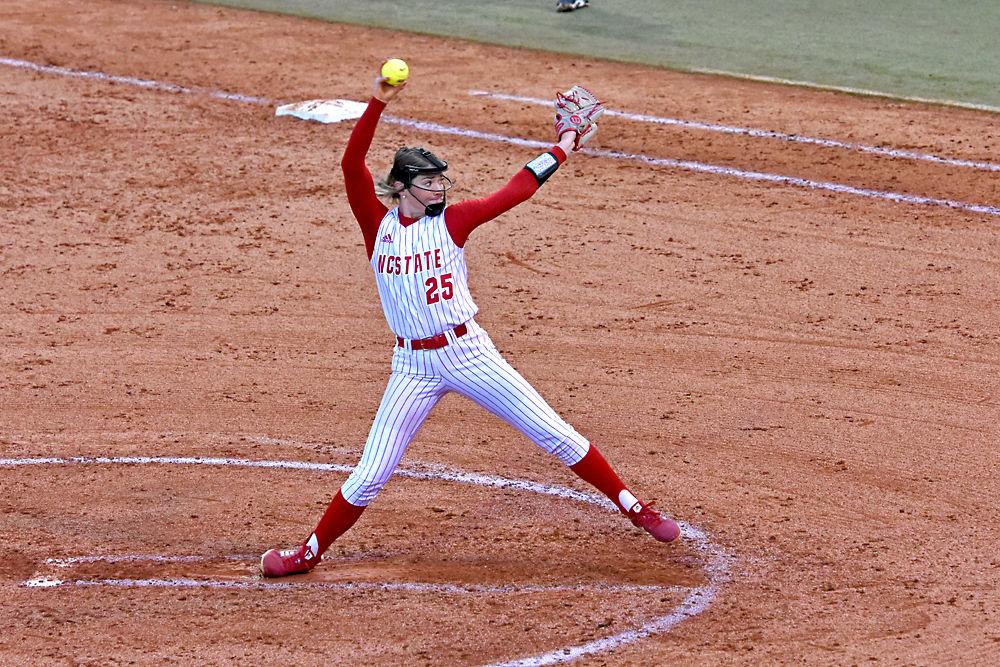 Junior Pitcher Devin Wallace pitches against Campbell on Saturday, March 4, 2019 at Dail Softball Stadium. Wallace pitched five innings, striking out seven and giving up one hit. The Wolfpack beat the Camels 8-0.