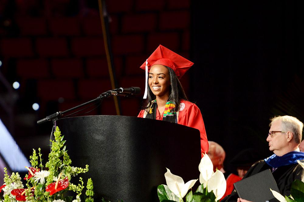 Student speaker, Ru Wolle, speaks during the Commencement Ceremony at PNC Arena on May 11, 2019. Wolle was spotlighted during the ceremony because of her distinctive academic career.