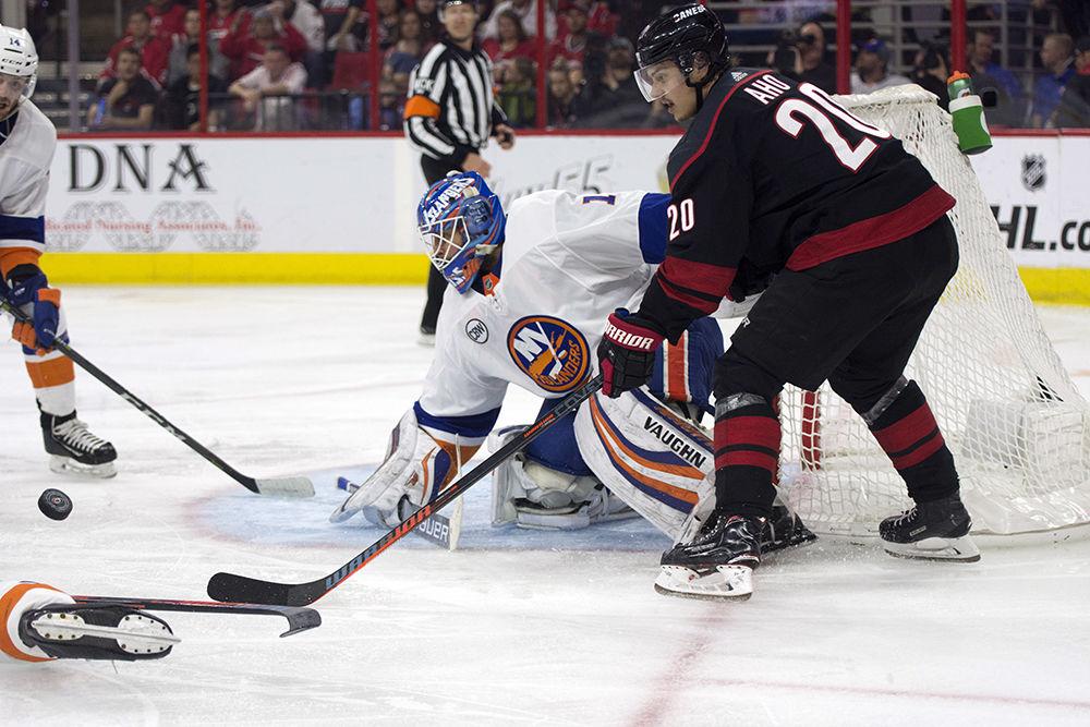 Right winger Sebastian Aho prepares to chip the puck towards the goal, Friday, May 3 in PNC Arena. For the first time in franchise history, the Canes completed a clean sweep during the Stanley Cup Playoffs -- allowing them to advance to the Eastern Conference Finals. The Canes took down the New York Islanders, 5-2, in the second round.