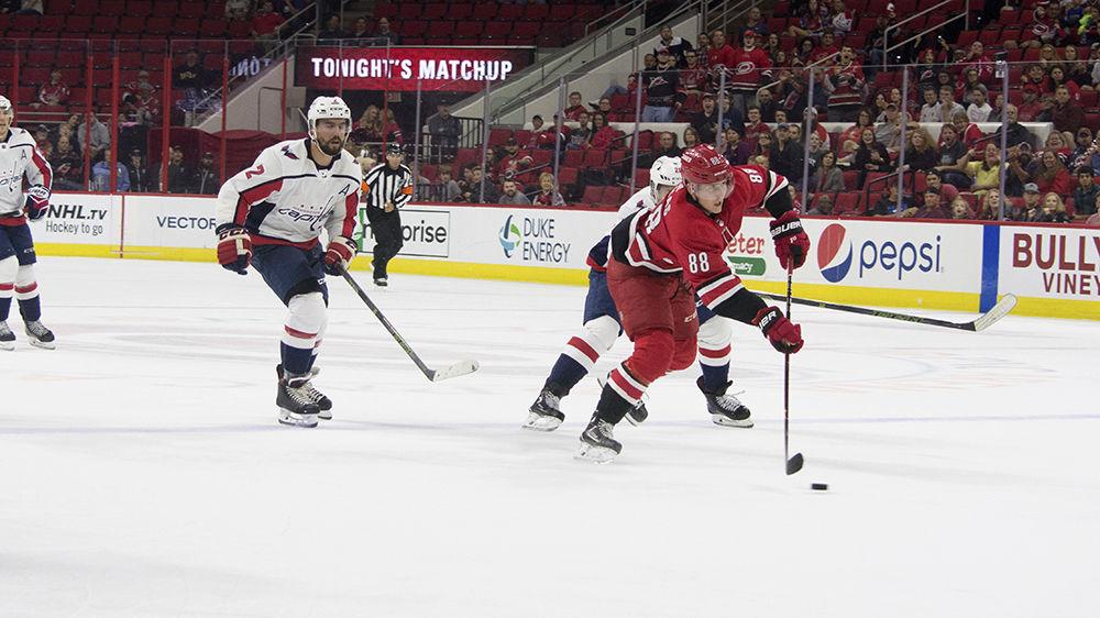 Offensive center Martin Necas scores a goal on an empty net during the preseason game against the reigning Stanley Cup champions, the Washington Capitals. The Carolina Hurricanes beat 5-1 at PNC Arena, Friday, Sept. 21.