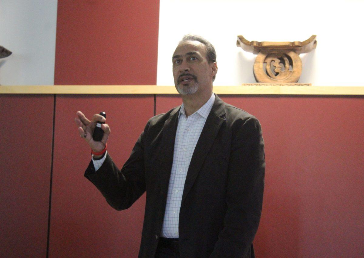 Phil Freelon, the lead architect for the Witherspoon Student Center renovation, speaks to a crowd in Witherspoon on April 17 regarding his ideas for the building. A graduate of NC State's College of Design, Freelon is best known for leading the design team of the Smithsonian National Museum of African American History and Culture.