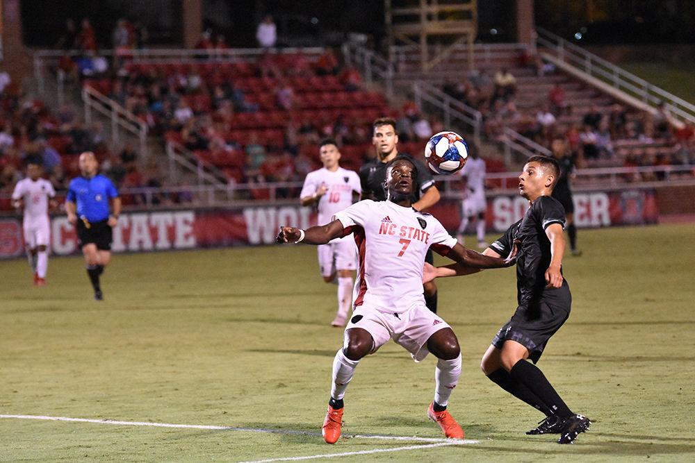 Sophomore forward Ivy Brisma heads the ball during the game versus Loyola on Friday, August 30, 2019 in Dail Soccer Park. Brisma took two shots against the Greyhounds. NC State beat Loyola 2-1.