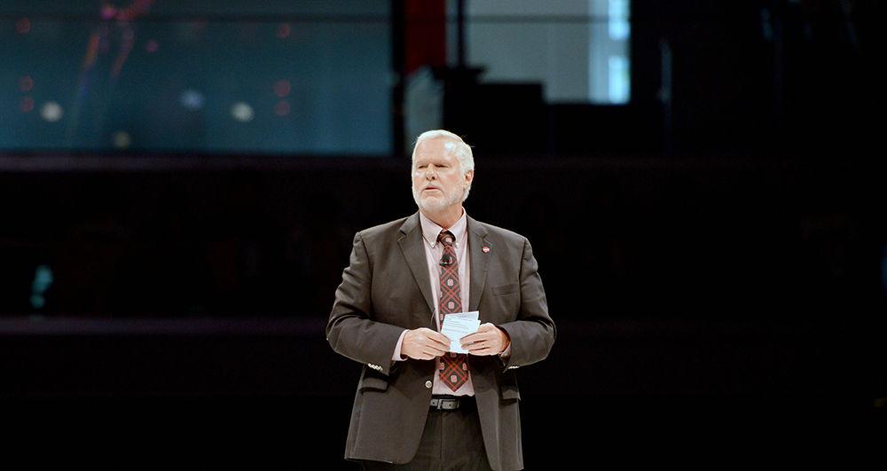 Dr. Mike Mullen Vice Chancellor and Dean for Academic and Student Affairs delivers a speech during Convocation in Reynolds Coliseum on Monday, August 14, 2017. Mullen announced his resignation on August 15, 2019.
