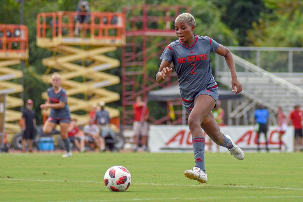 Junior midfielder Tziarra King dribbles the ball against Nebraska on Sunday, Sept. 9 in Dail Soccer Stadium. King had the only goal for NC State as the Wolfpack lost to Nebraska 2-1.