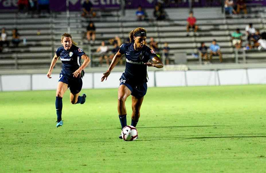 NC Courage forward Jessica McDonald controls the ball during the club's match against Manchester City Women at WakeMed Soccer Park on August 15, 2019. The Courage won, 2-1.