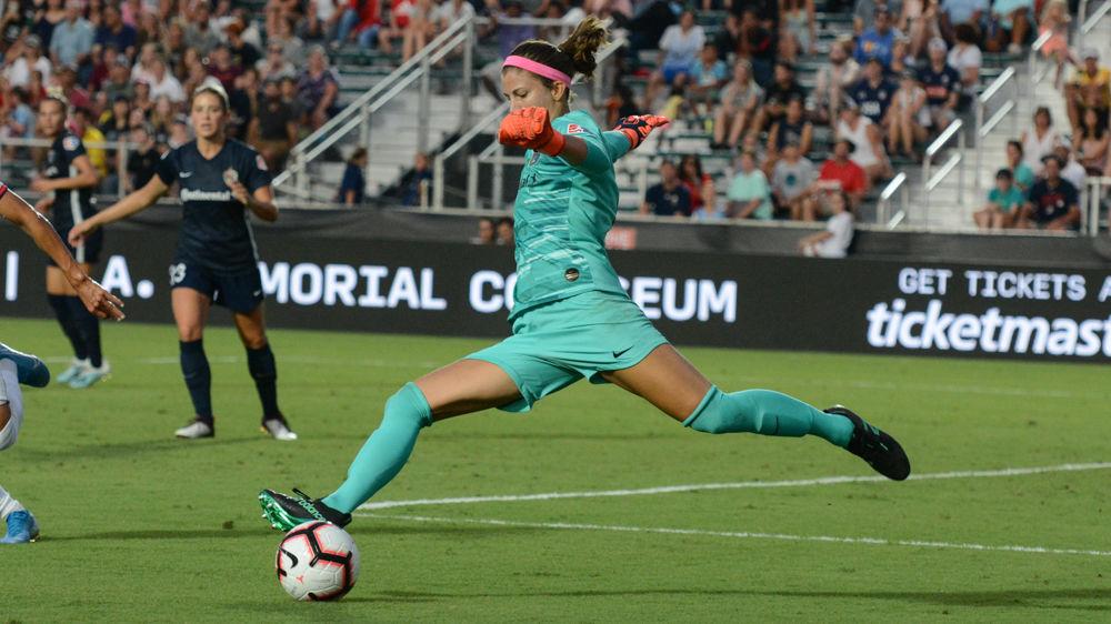 NC Courage goalie Stephanie Labbe kicks the ball downfield during the club's championship match against Olympique Lyonnais at the Women's International Cup in Sahlens Stadium on August 18, 2019. Olympique Lyonnais won the match, 1-0.