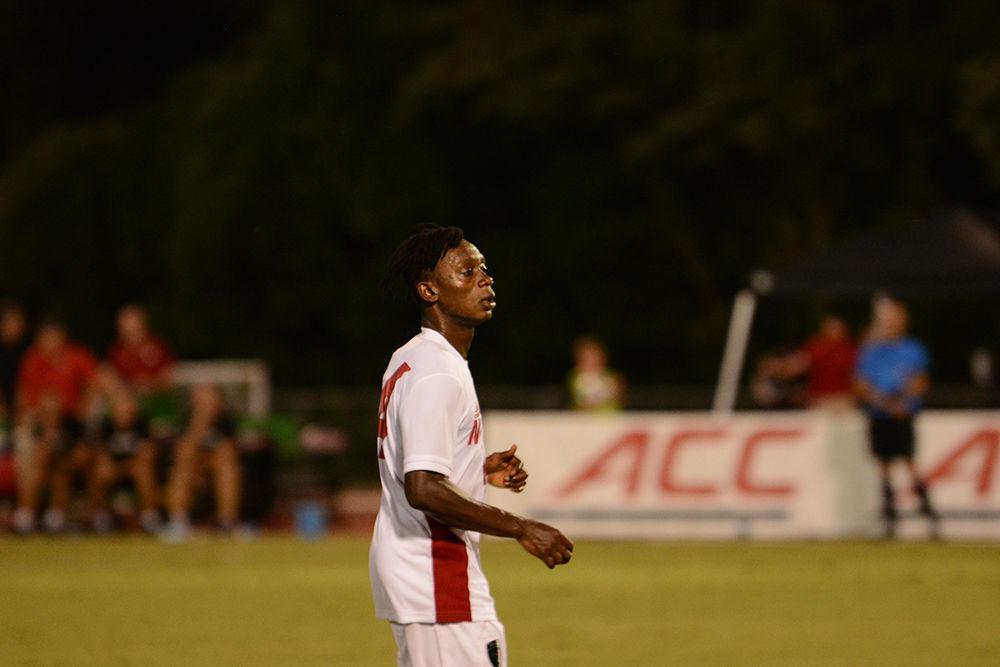 Junior mid-fielder George Asomani gets ready for a corner kick against the Greyhounds on Friday, August 30th, 2019, in Dail Soccer Park. The mid-field kept the Greyhounds on the defensive for the majority of the game, allowing State to take 17 shots. NC State beat Loyola 2-1.