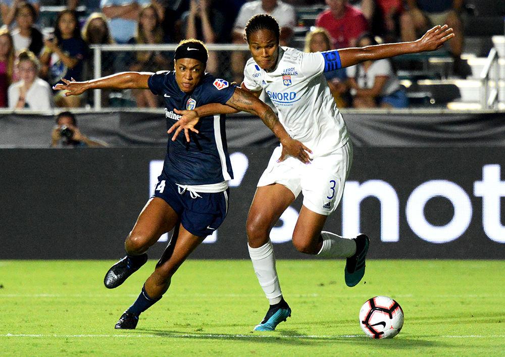 NC Courage forward Jessica McDonald presses past her defender during the club's championship match against Olympique Lyonnais at the Women's International Cup in Sahlens Stadium on August 18, 2019. Olympique Lyonnais won the match, 1-0.