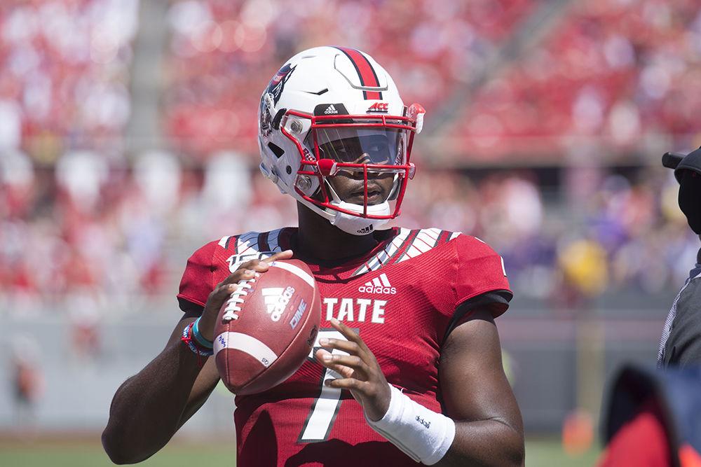 Redshirt sophomore Matthew McKay practices a throw on the sidelines of Carter-Finley Stadium during a timeout, Saturday, Aug. 31, 2019. The Wolfpack won the first game of the season against the East Carolina University Pirates, 34-6 in regulation, and will return to Carter-Finley Saturday, Sept. 7 to face Western Carolina University.