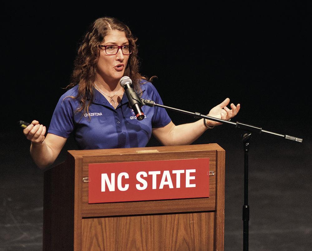 Astronaut Christina Koch, a 2002 NC State alum, discusses her astronaut training involving engineering during a talk held in Stewart Theater as part of the University Scholars Program Forum on Monday, Jan. 30, 2016.