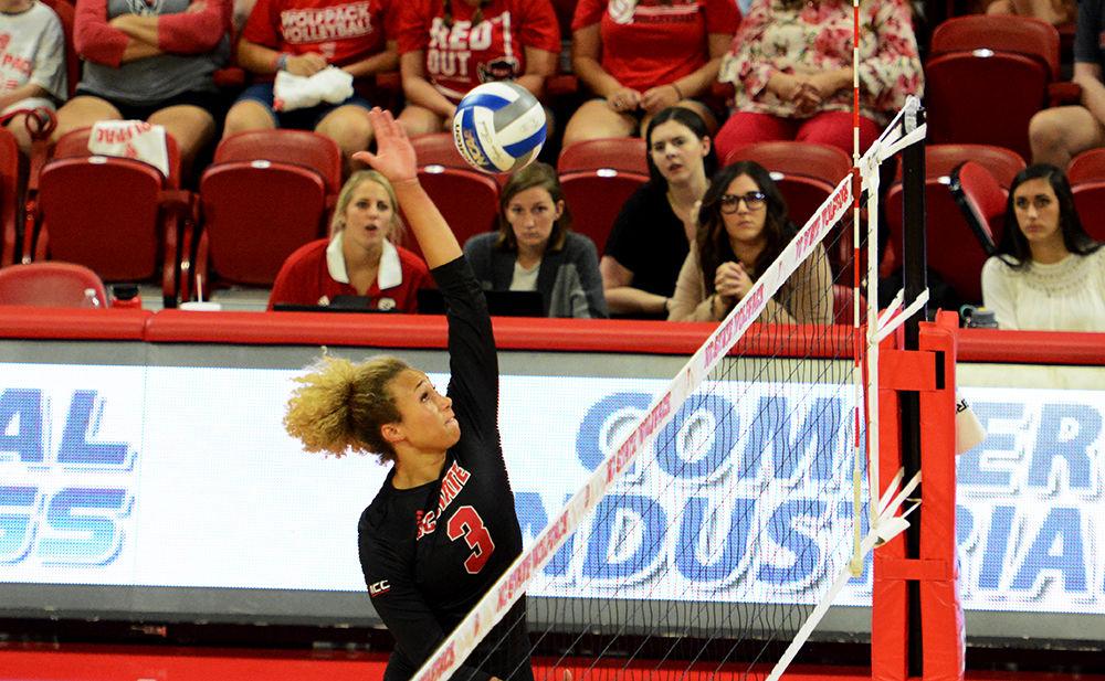Junior outside hitter Melissa Evans reaches for a spike. NC State defeated Kansas State 3-1 in Reynolds Coliseum on Aug. 30th, 2019.